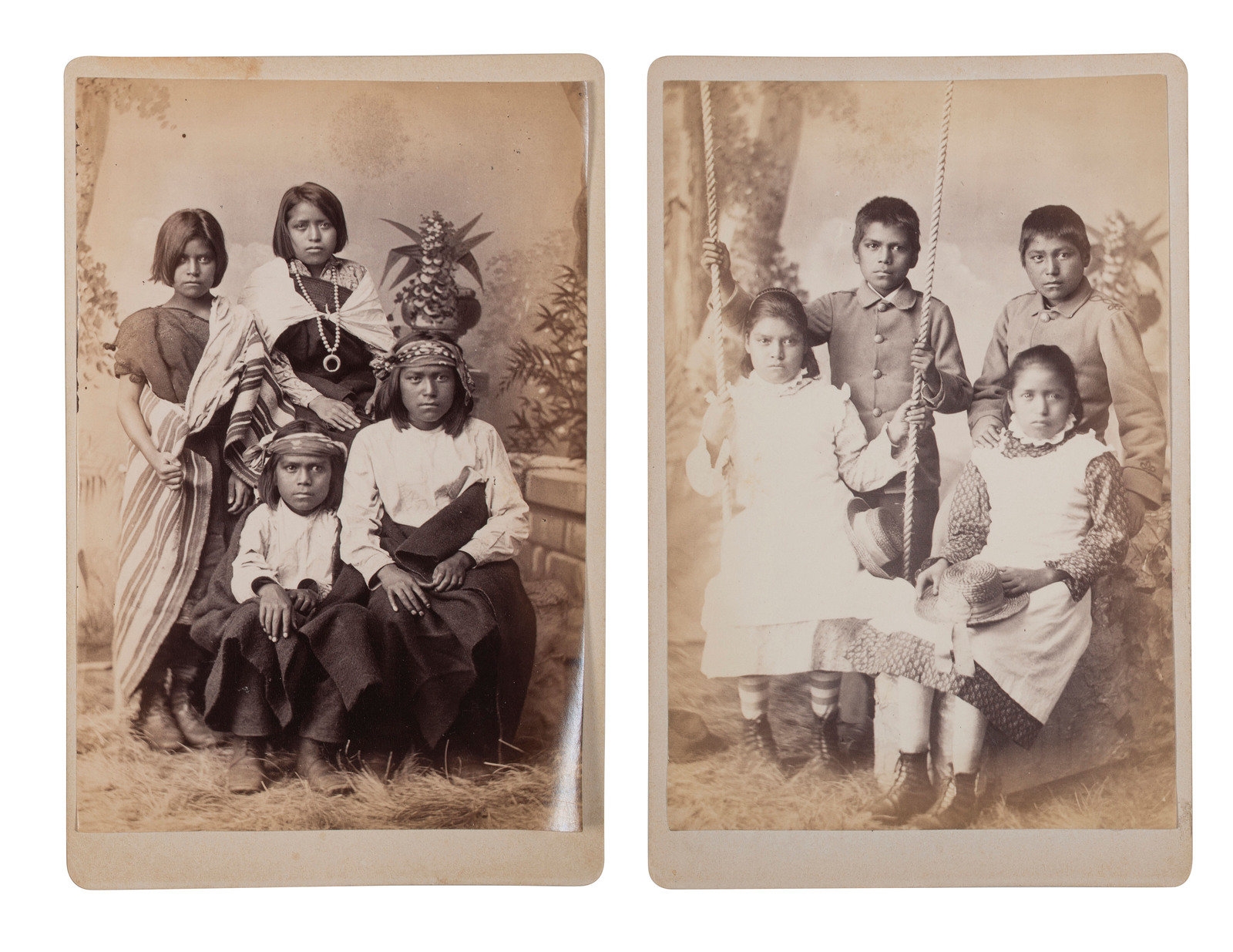 A pair of cabinet cards featuring identified Pueblo students at Carlisle Indian School, before and after by John Nicholas Choate, circa 1880