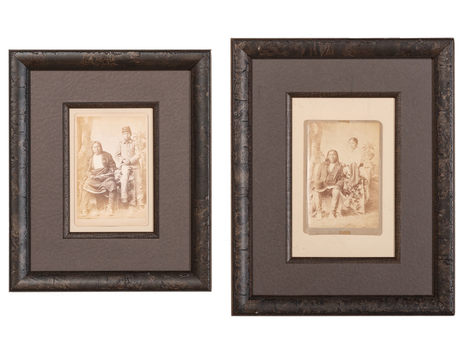 Two cabinet cards featuring Arapaho Chief Little Raven with daughter Anna, and Cheyenne warrior Bobtail Horse with son Joseph by John Nicholas Choate, circa 1880