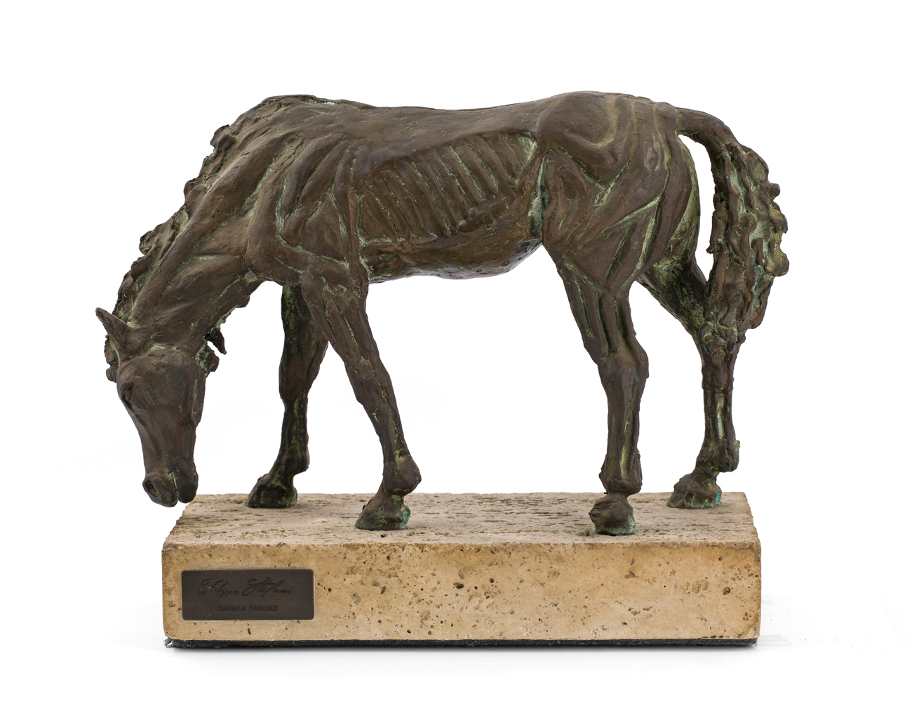 Artwork by Filippo Stefani, Cavalla pascolo, Made of Bronze Sculpture on Stone Base