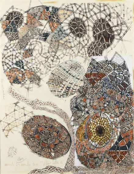 An intricate abstract composition featuring a central tree-like structure with complex, patterned foliage.