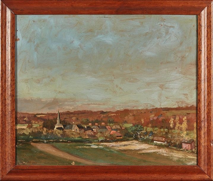 Artwork by Andre Noufflard, Landscape with a bell tower, Made of Oil on cardboard