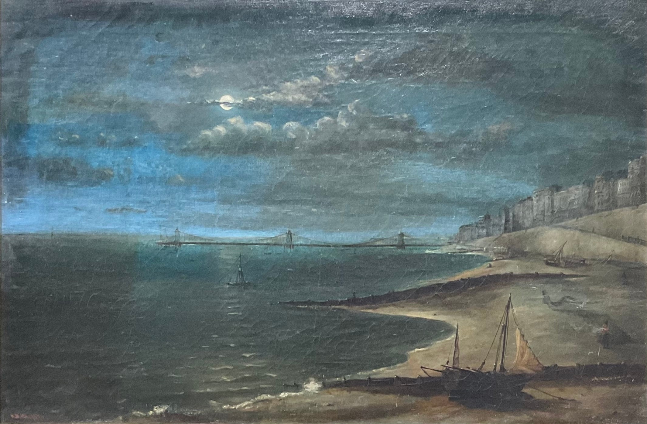 Artwork by M. Ash, The Pier by Moonlight, Made of oil on canvas