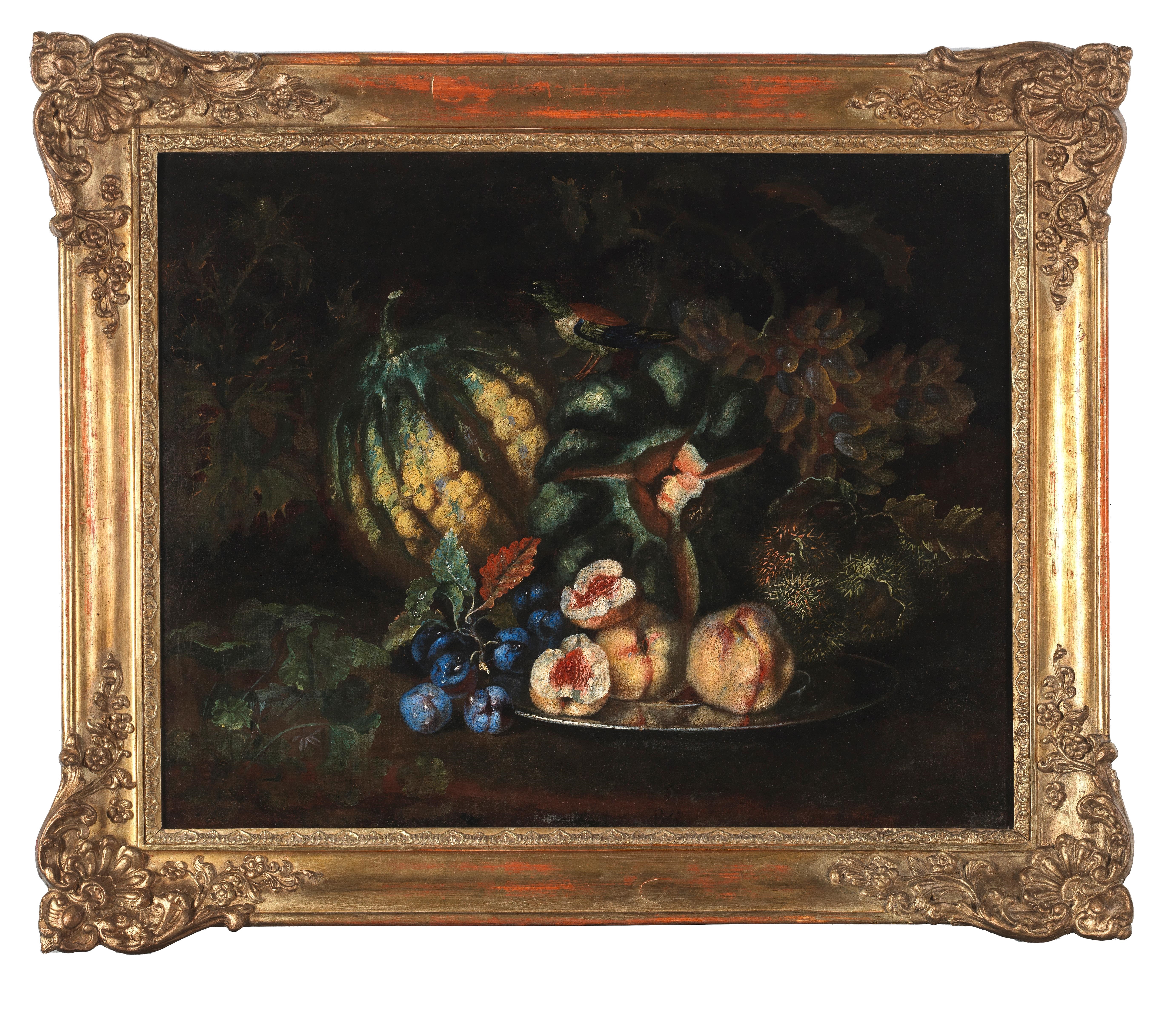 Artwork by Francesco Malagoli, Melons with a bird, grapes, plums, peaches and chestnuts on a silver plate; and A basket of grapes and apricots, Made of oil on canvas