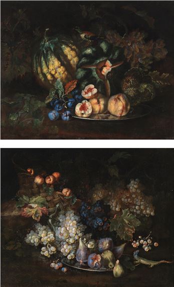 Melons with a bird, grapes, plums, peaches and chestnuts on a silver plate; and A basket of grapes and apricots by Francesco Malagoli, 18th Century