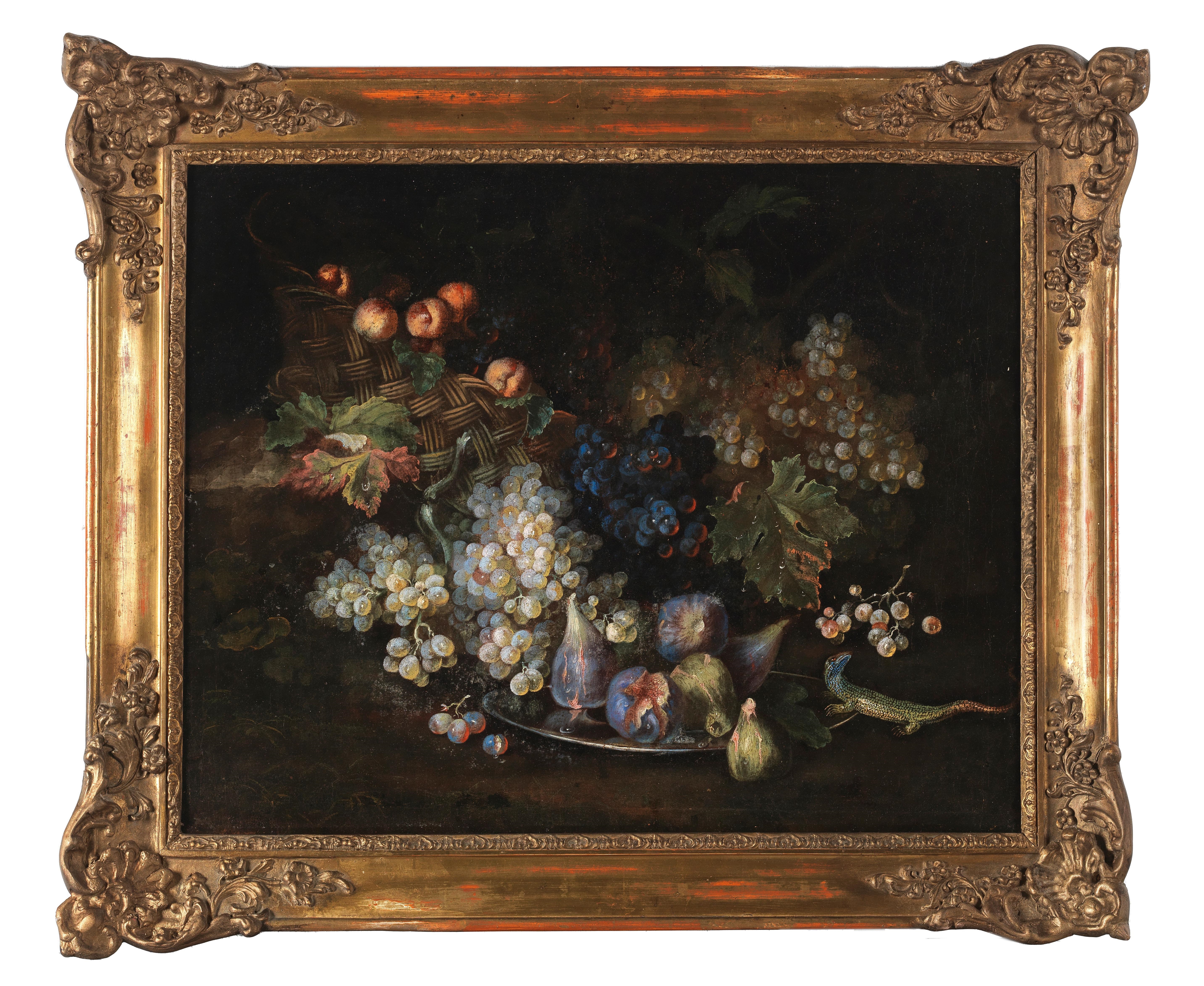 Artwork by Francesco Malagoli, Melons with a bird, grapes, plums, peaches and chestnuts on a silver plate; and A basket of grapes and apricots, Made of oil on canvas