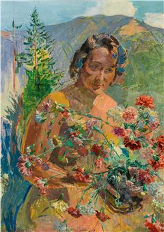 Girl with carnations in landscape - Franz Wiegele