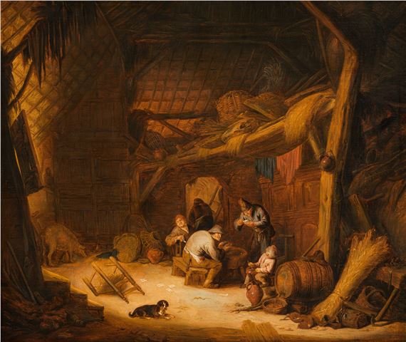 Peasants playing cards inside a farmhouse by Isack van Ostade, circa 1640