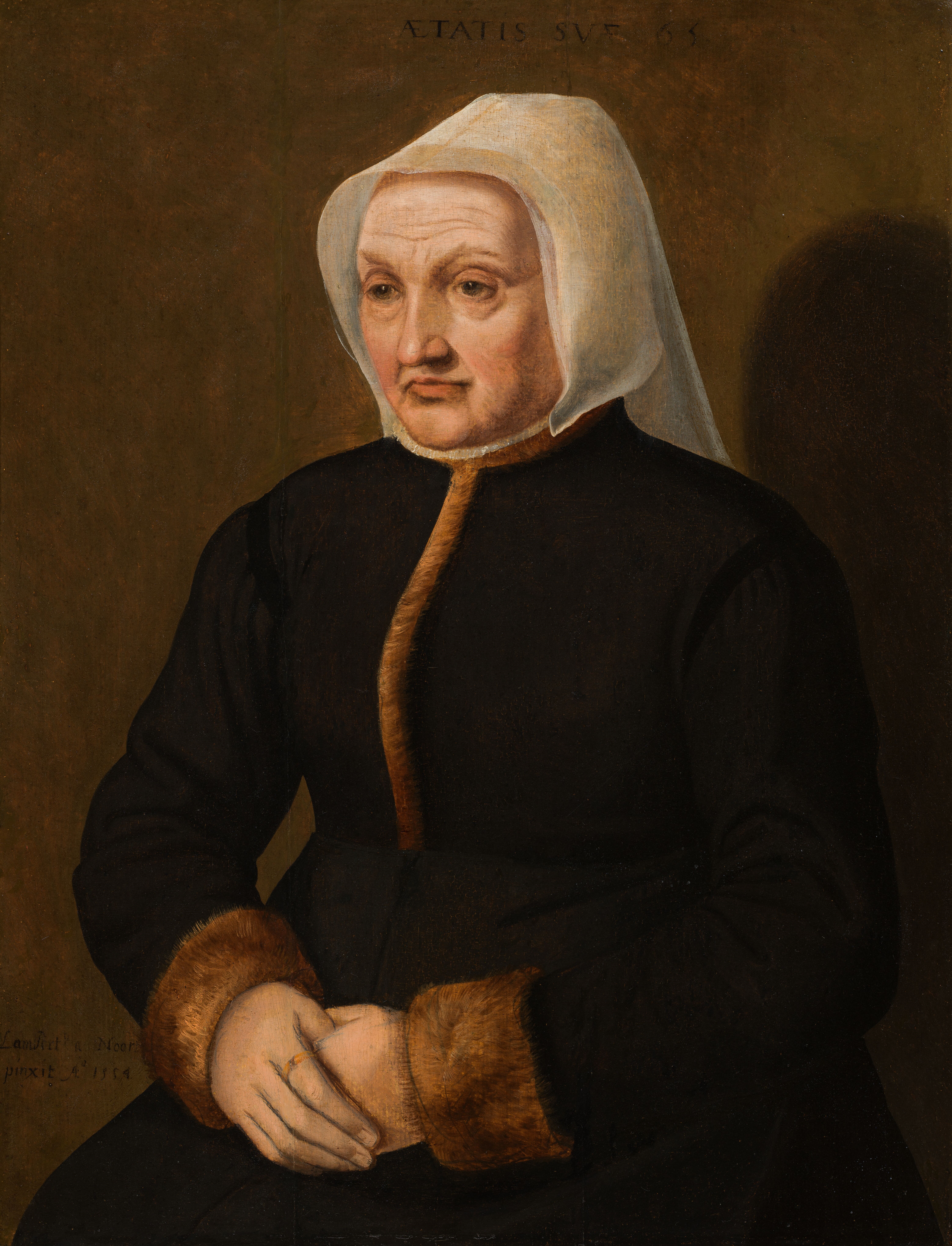 Artwork by Lambert van Noort, Portrait of a lady with fur-trimmed robe, Made of oil on panel