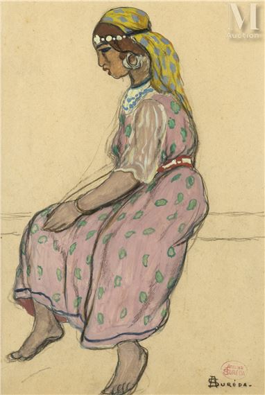Femme assise sur un muret by André Suréda