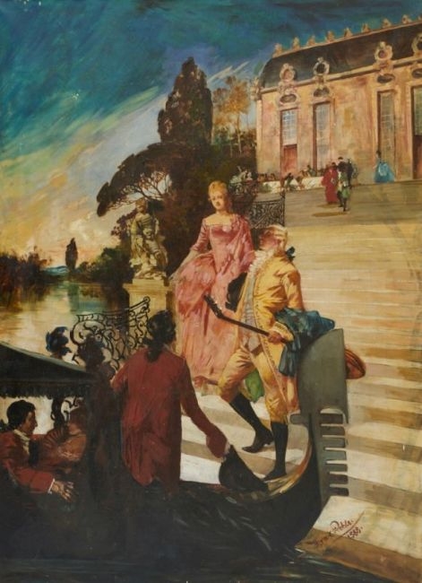 Artwork by Hermann Emil Pohle, Höfische Gesellschaft am Fluss, Made of oil on canvas