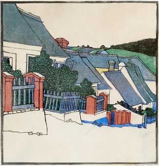 A stylized woodcut of a quiet village street with colorful houses and fences.