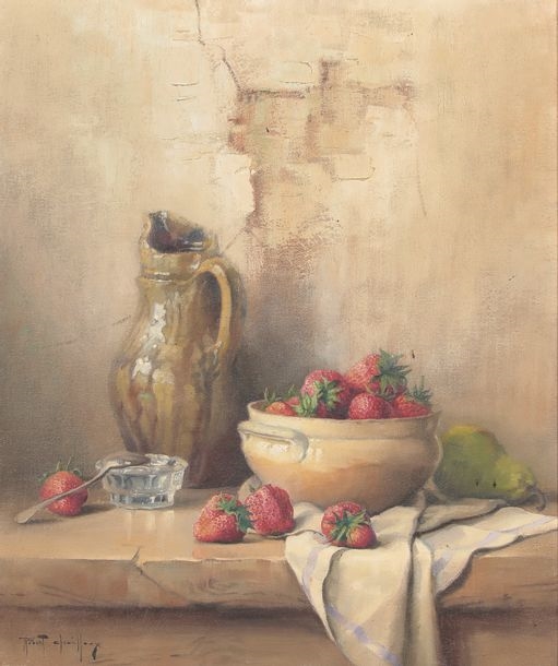 Artwork by Robert Chailloux, Still life with a bowl of strawberries, Made of oil on canvas