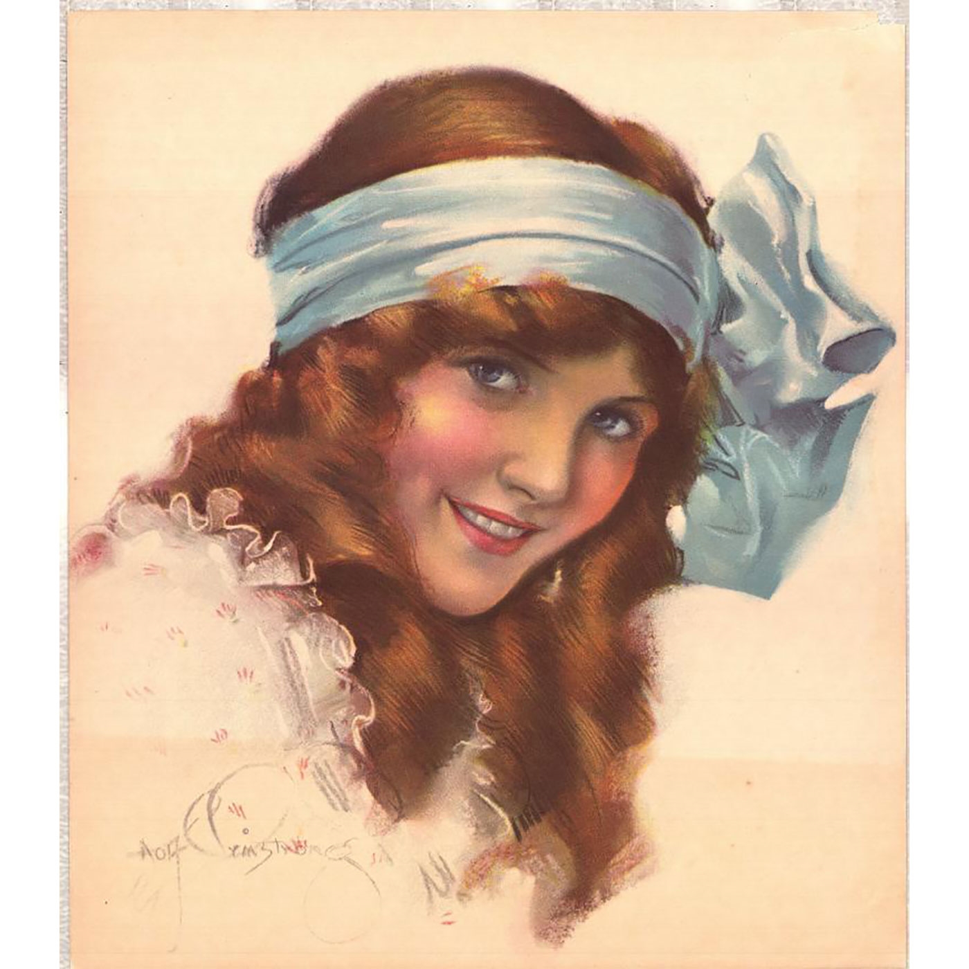 A fashionable late Victorian attired pretty redhead maiden with blue silk bow in her hair by Rolf Armstrong