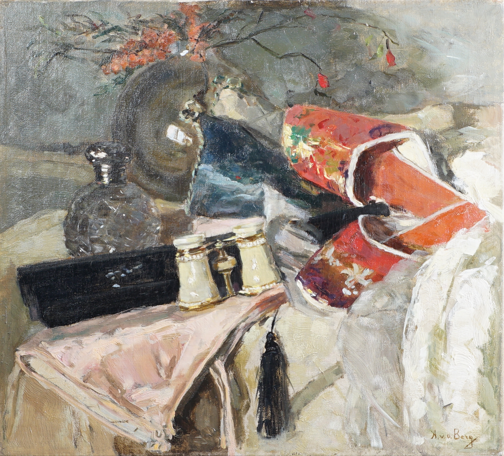 Artwork by Anna Carolina van den Berg, Still life with opera glasses, Made of oil on canvas