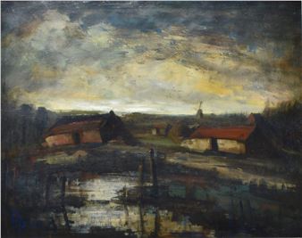 Gezicht op dorp met molen bij de Peel - Marinus Bies