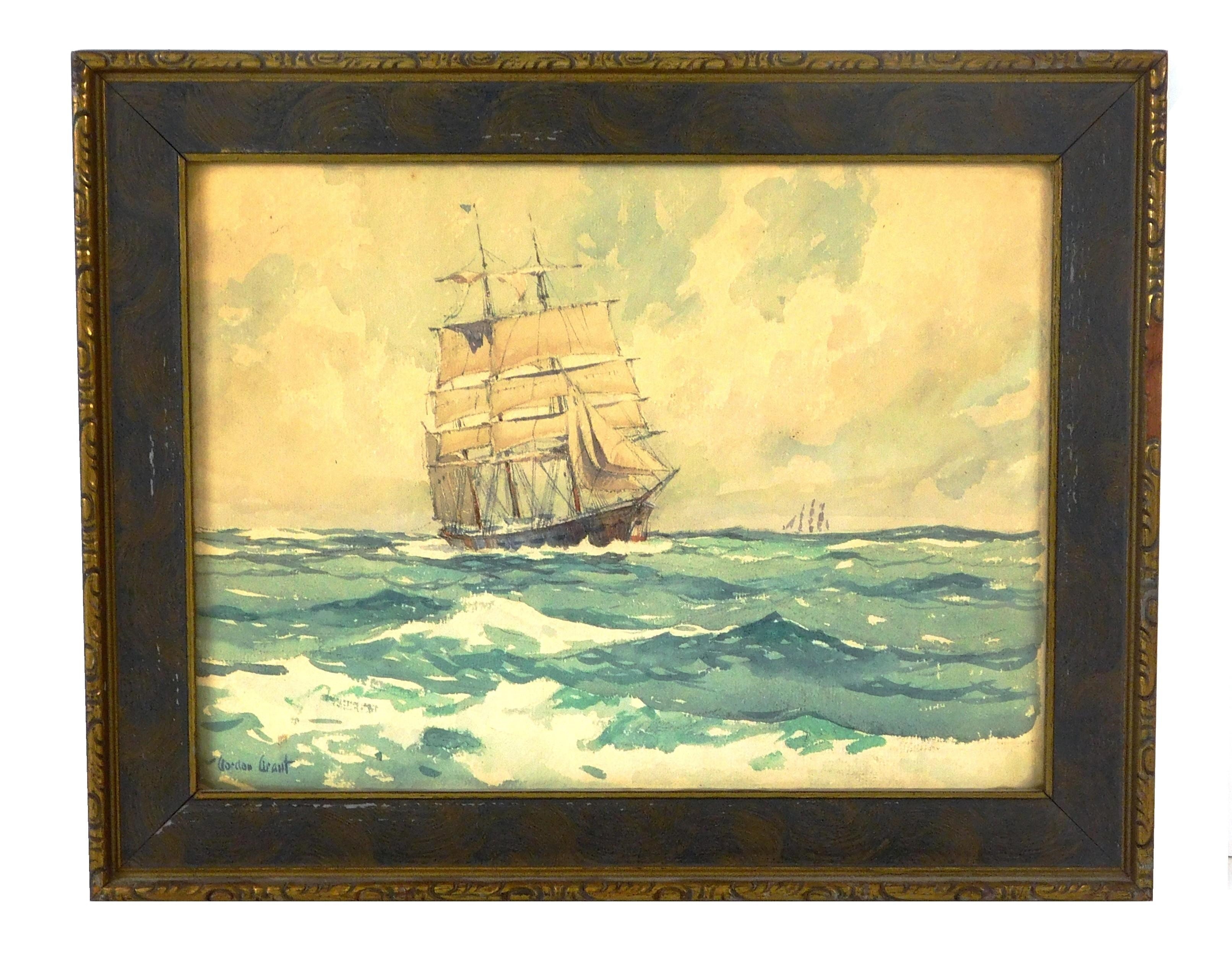 Untitled, depicting two sail boats with three masts on each sailing on the ocean, by Gordon Grant