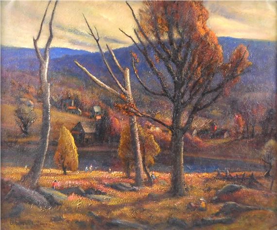 Autumn scene with small figures in foreground, houses in distance by Albertus Eugene Jones