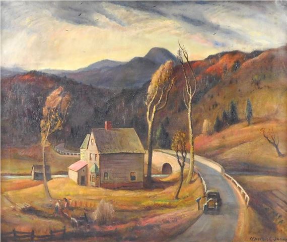 Rural landscape with antique car at mailbox, farmhouse near brook, mountains beyond a curving road, by Albertus Eugene Jones
