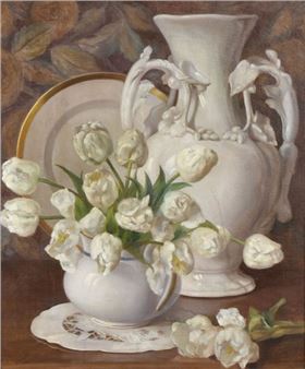 Still life with tulips and white porcelain - Simone Gaudin