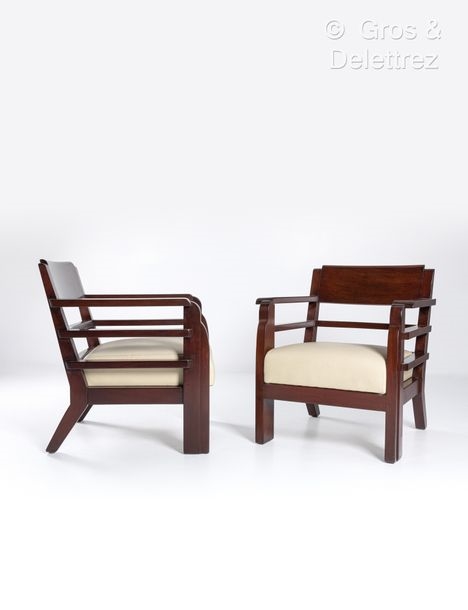 Artwork by André Domin, Marcel Genevrière, Armchairs with slightly curved bandeau backs, Made of stained mahogany
