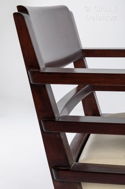 Artwork by André Domin, Marcel Genevrière, Armchairs with slightly curved bandeau backs, Made of stained mahogany