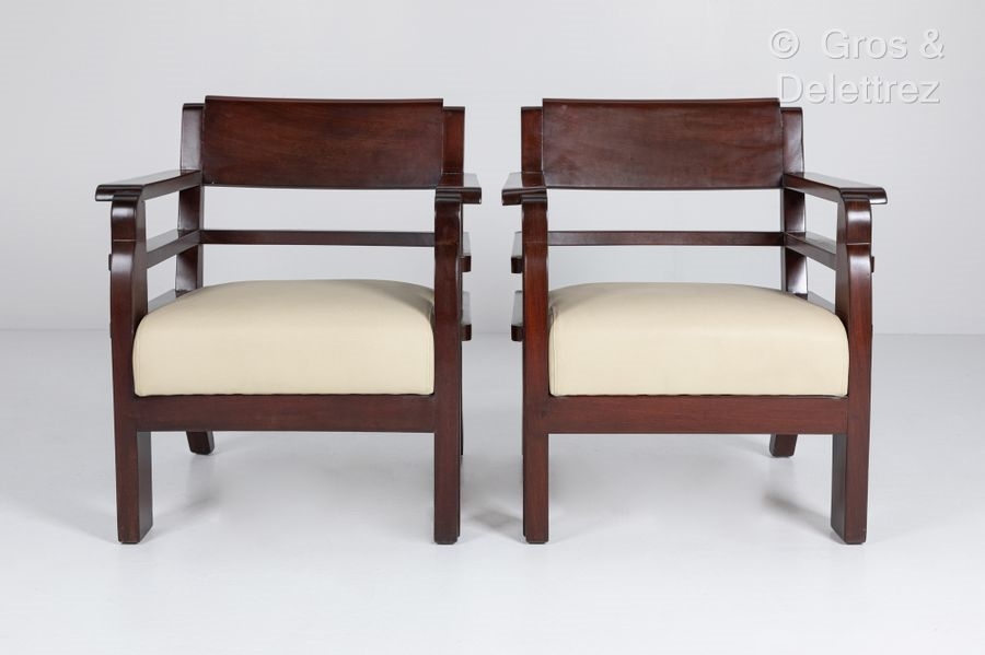 Artwork by André Domin, Marcel Genevrière, Armchairs with slightly curved bandeau backs, Made of stained mahogany
