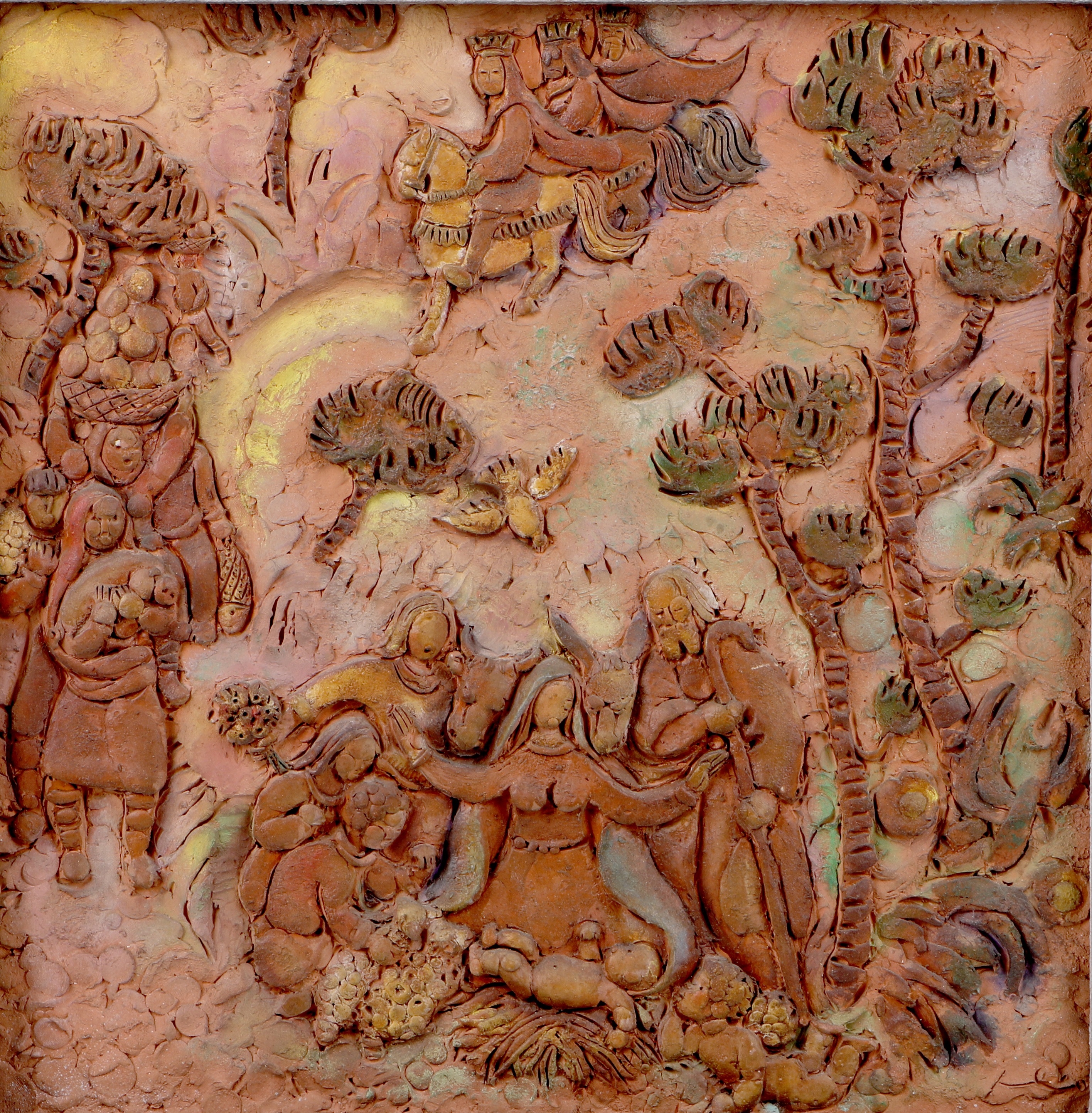 Artwork by Júlio de Sousa, Presépio com adoração dos Pastores e chegada dos Reis Magos, Made of placa em terracota policromada