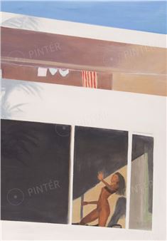 A vertical painting of a figure reaching upward from a window, set against a bright blue sky and palm fronds.