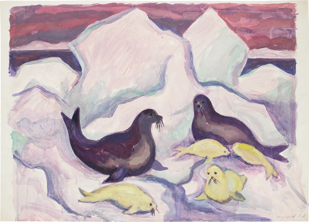 Artwork by Konstantin Borisovich Nazarov, Seal family, Made of Paper, gouache