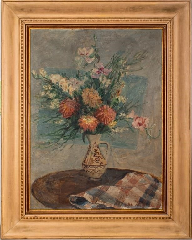 Depicting a still life with a bouquet of chrysanthemums and lilies in a pitcher atop a table by Natan Altman