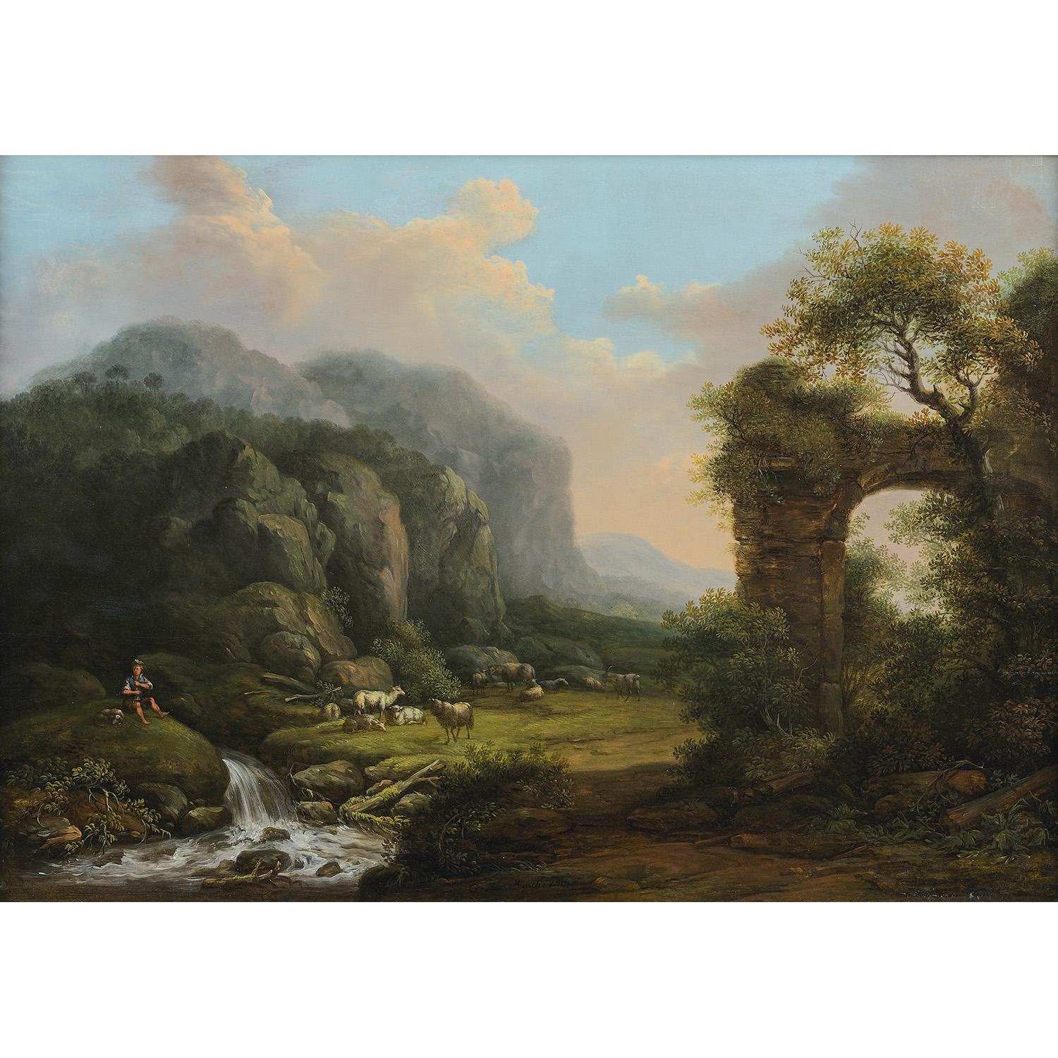 Artwork by Bernhard Gottfried Manskirch, BERGER GARDANT SON TROUPEAU PRÈS D'UNE RUINE, Made of oak panel parqueted