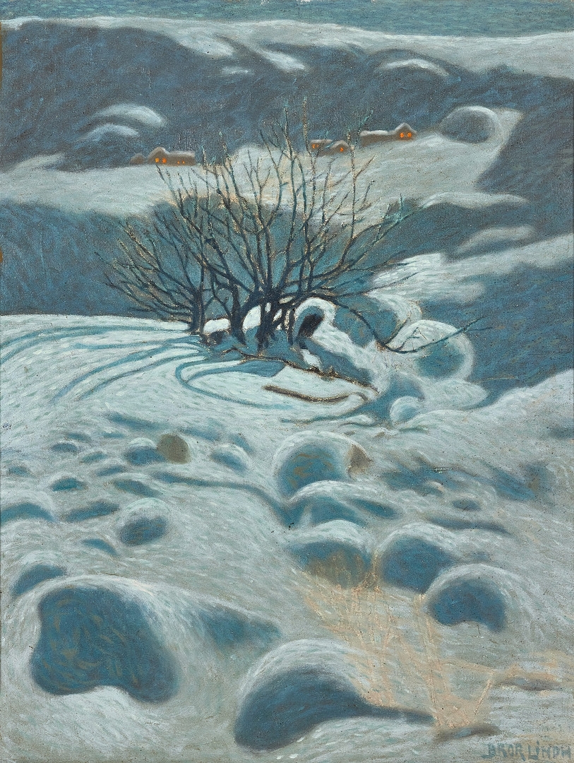Bror Lindh | Vinterlandskap med stugor | MutualArt