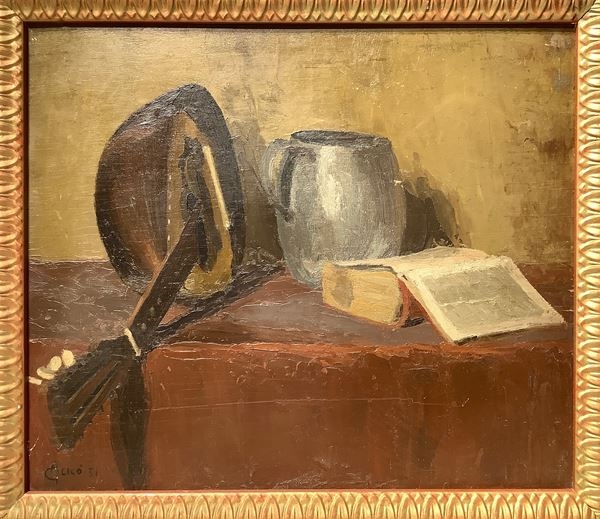 Still life with mandolin, book and jug by Giovanni Alico, 1931