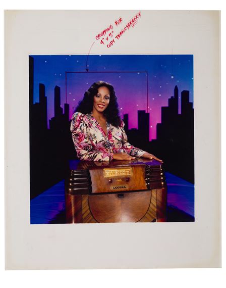 A woman sits at a vintage radio set against a stylized city skyline backdrop.
