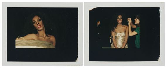 A split-panel polaroid-style photograph featuring a woman in a strapless gown, one panel showing her alone and the other with another person adjusting her dress.