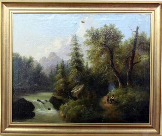 Romantic river landscape with resting walkers - L. Boehm