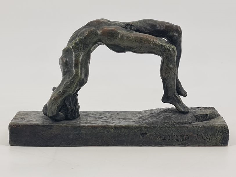 Artwork by Emmanuel Arredondo, Nude man in contortion, Made of Bronze with green patina