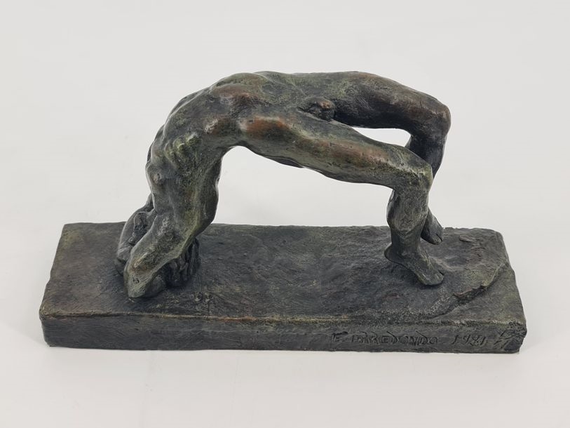 Artwork by Emmanuel Arredondo, Nude man in contortion, Made of Bronze with green patina