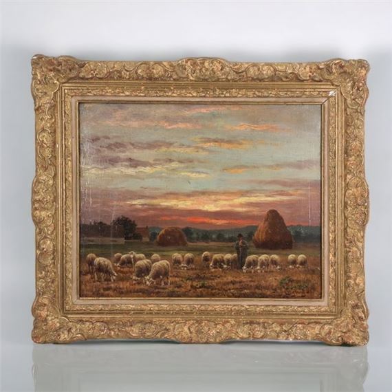 The shepherd and his flock of sheep at dusk by Paul Chaigneau