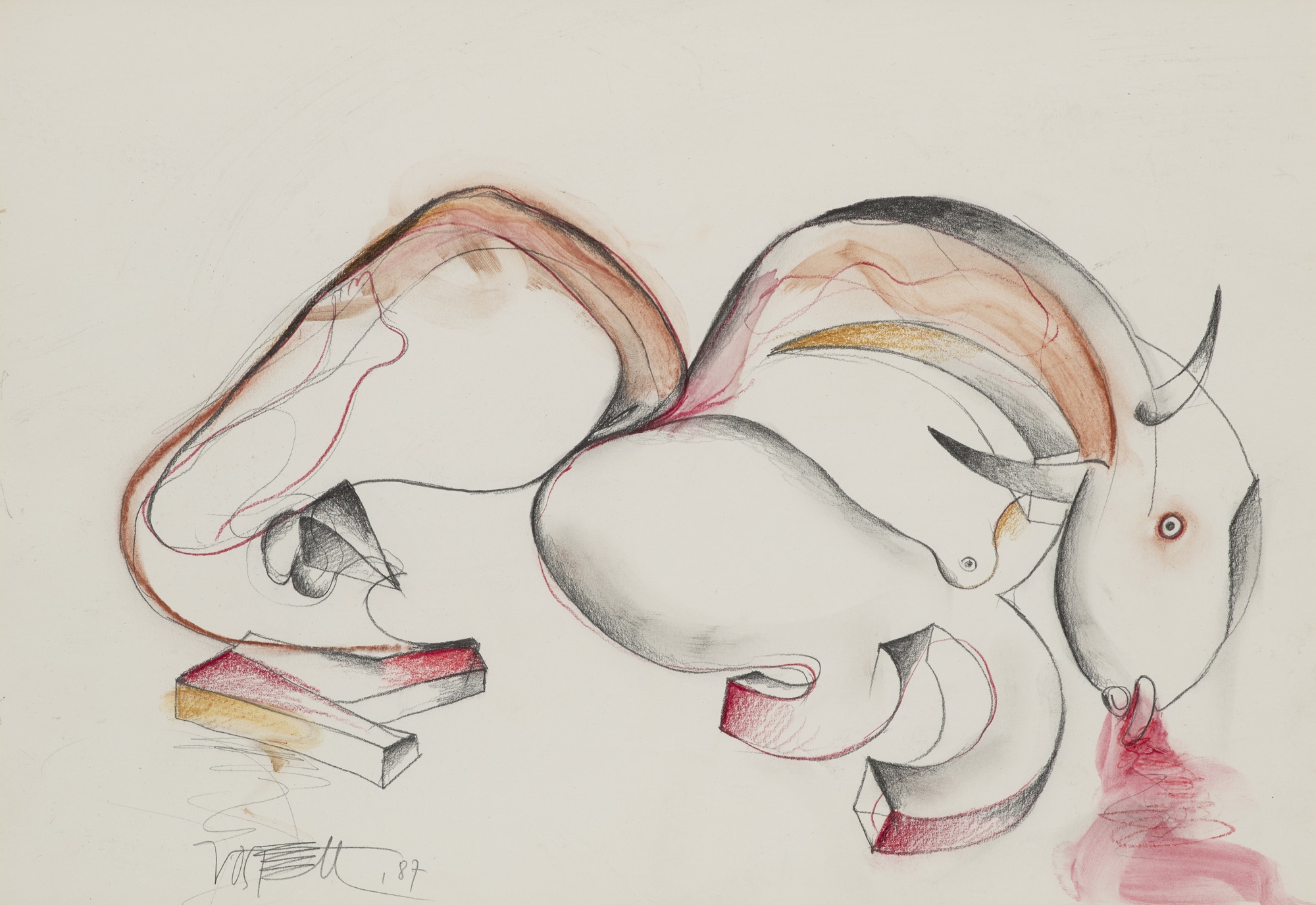 Artwork by Wolf Vostell, 5 Arbeiten in: Stierkampf, Made of Mixed media with watercolour and pencil on wove cardboard