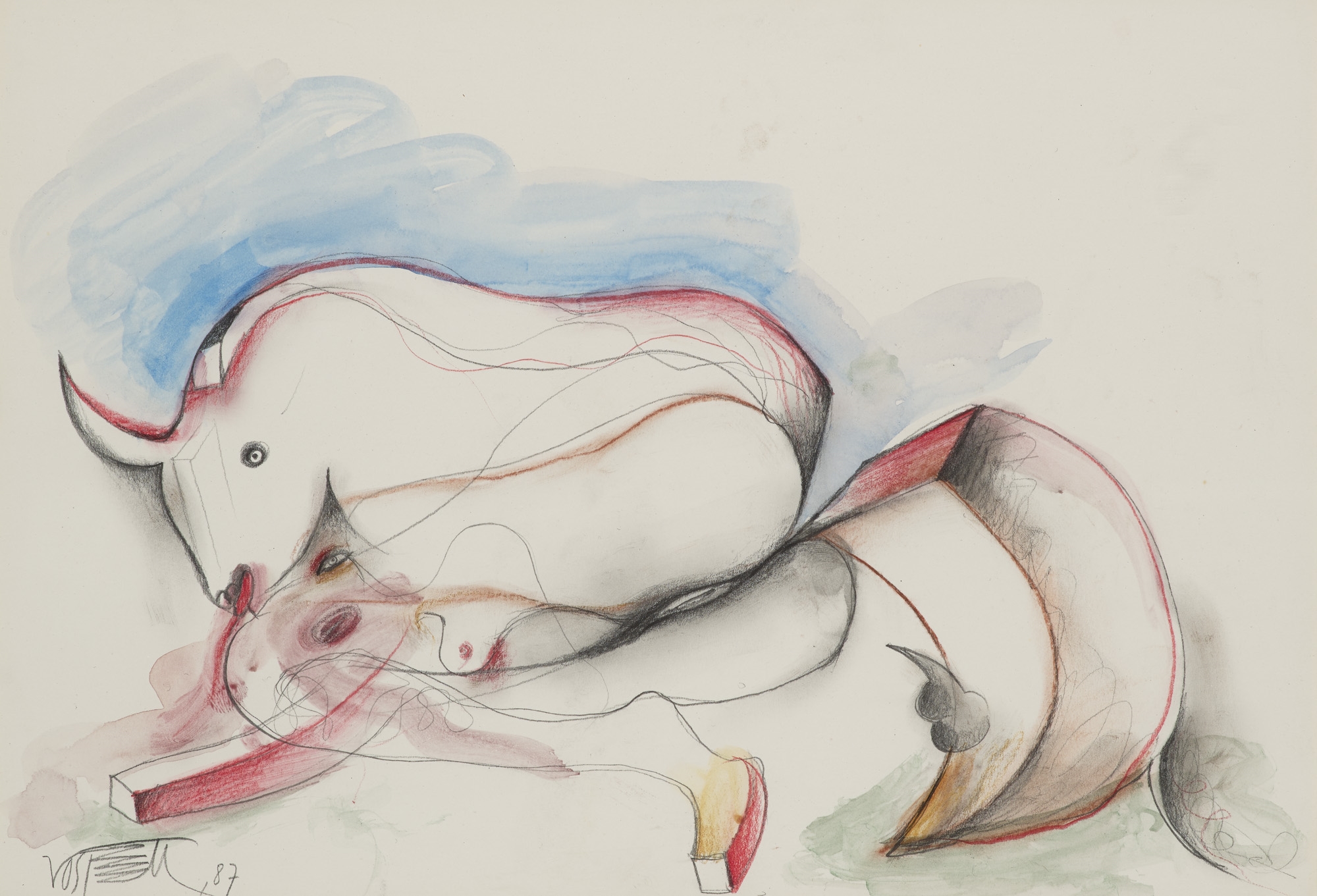 Artwork by Wolf Vostell, 5 Arbeiten in: Stierkampf, Made of Mixed media with watercolour and pencil on wove cardboard