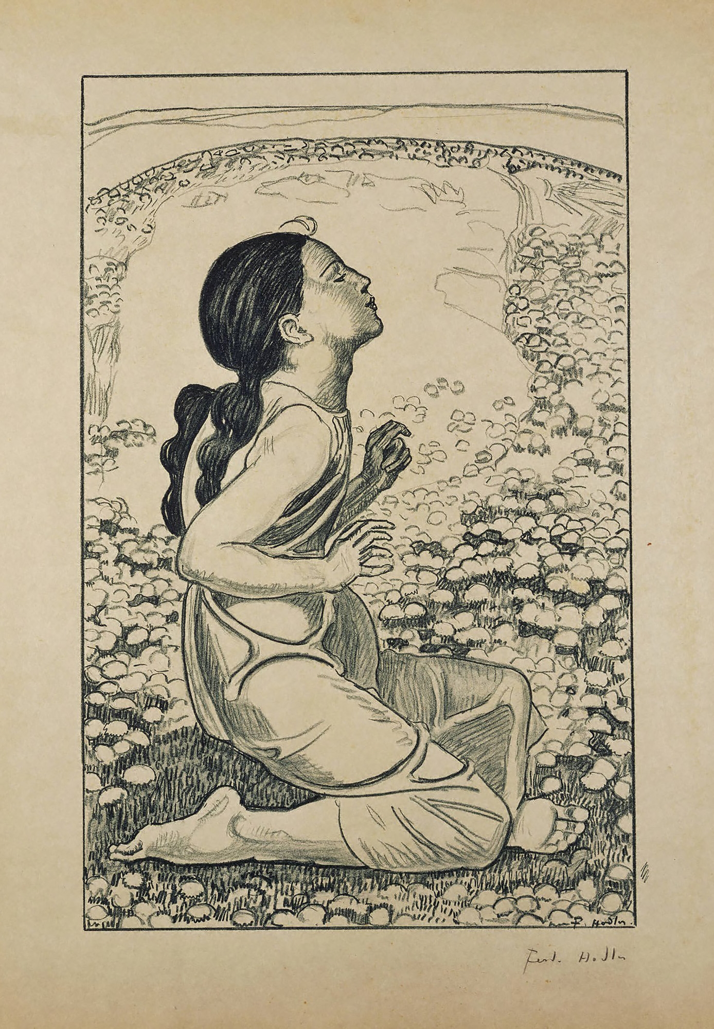 Frühlingssehnsucht, Kniendes Mädchen nach rechts by Ferdinand Hodler, circa 1910