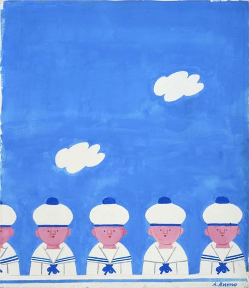 A painting of a group of sailors standing in a row.