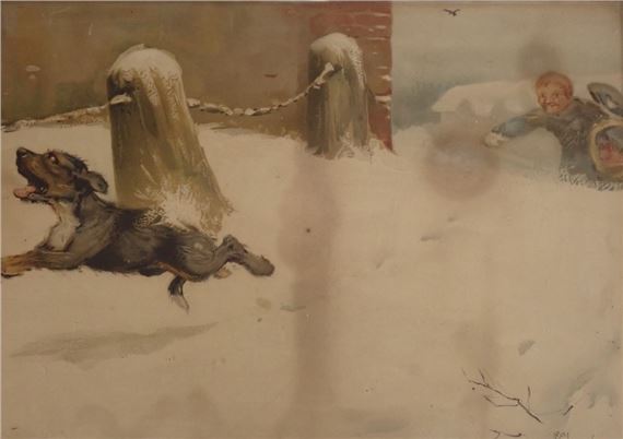 After Cecil Aldin. Terrier in snowball fight by Cecil Aldin