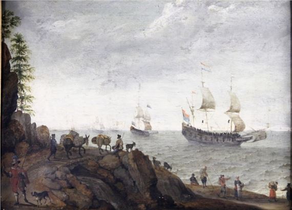 Küstenpartie mit zahlreichen Personen, z.T. mit ihren Waren, anbei 2 Esel, vorne links ein Uniformierter mit Hund, auf dem Meer einige Segelschiffe by Abraham Willaerts, 1643