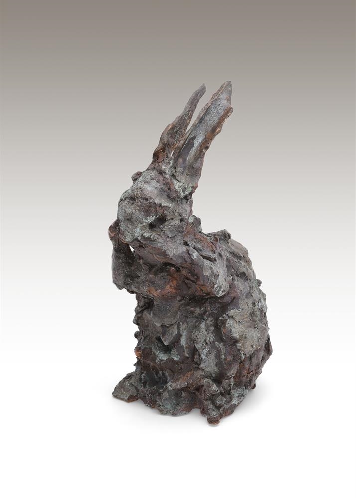 Artwork by Nicola Hicks, A LIMITED EDITION BRONZE MODEL OF A RABBIT GROOMING ITS FACE, Made of bronze
