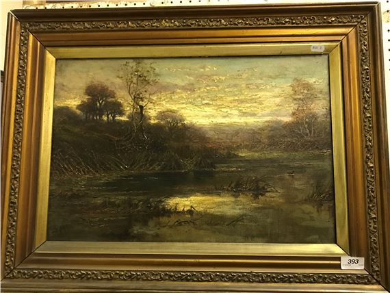 A framed landscape painting depicting a misty river scene at dawn.