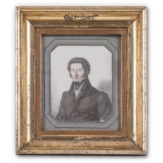 Spitznasiger junger Herr mit dichtem Lockenhaar, dunklem Rock, schwarzer Halsbinde und Fichunadel. by Hermann Krämer, 1830