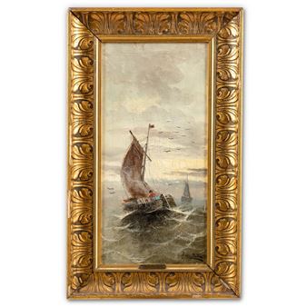 Fischerboote auf bewegter See mit Möwen - J Van Dülln