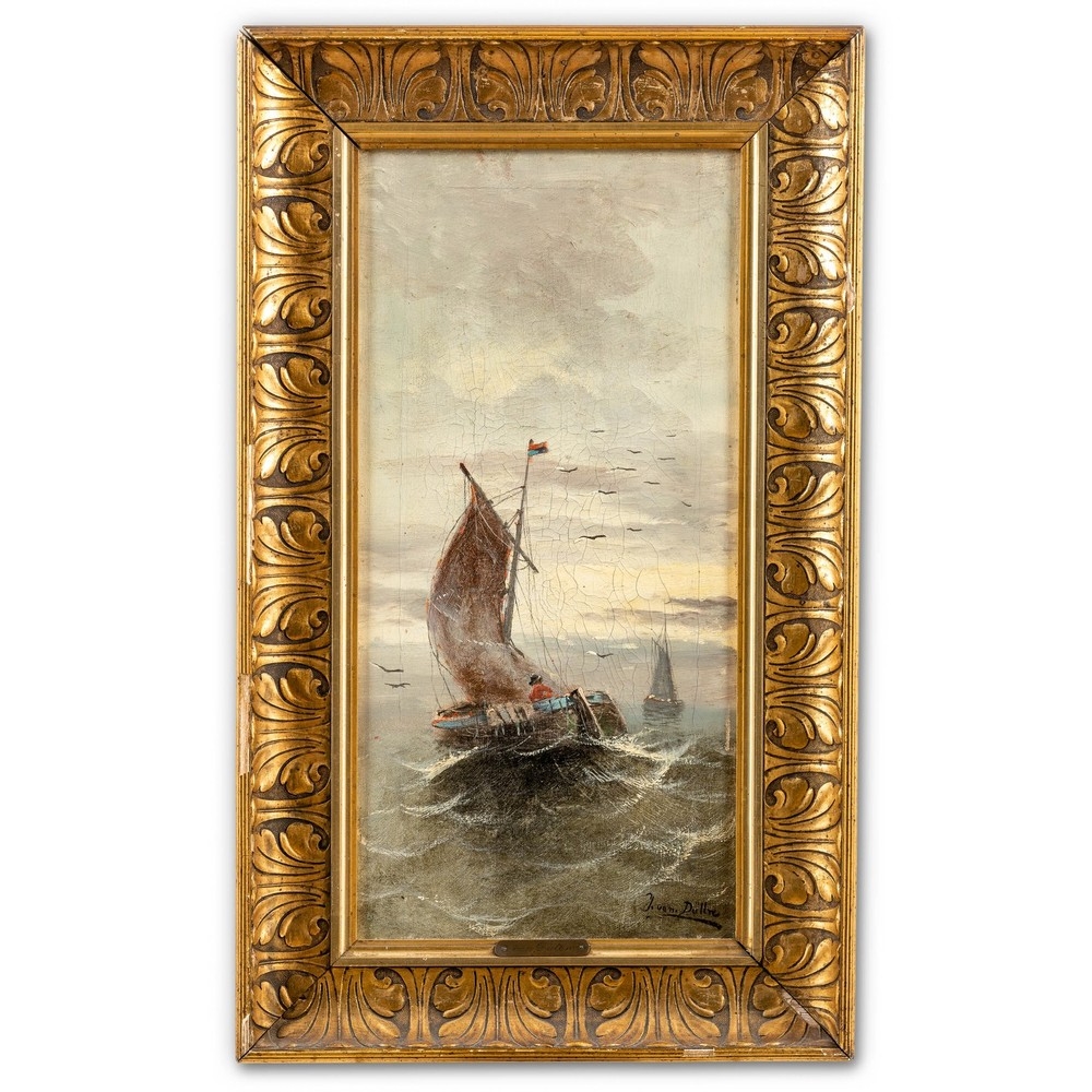 Artwork by J Van Dülln, Fischerboote auf bewegter See mit Möwen, Made of oil on canvas